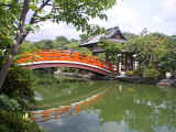Garden bridge nearby a Shinto shrine in downtown Kyoto